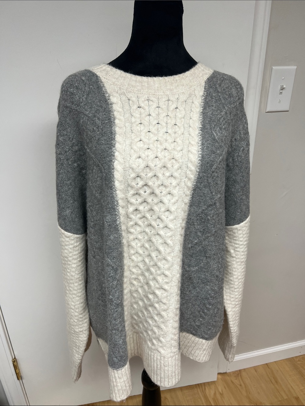 Joie Gray and Cream Cable-Knit Colorblock Sweater